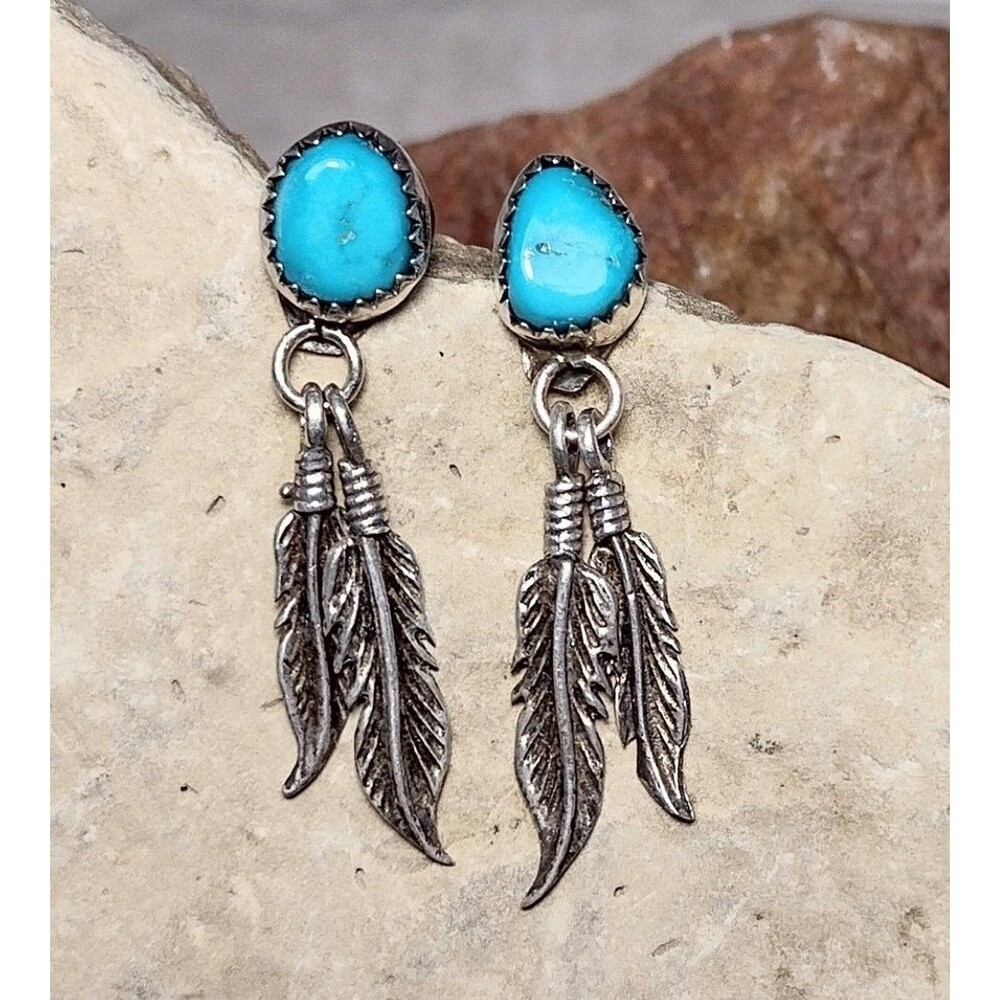 Vintage Kingman Turquoise Sterling Silver Southwestern Feather Native Earrings
